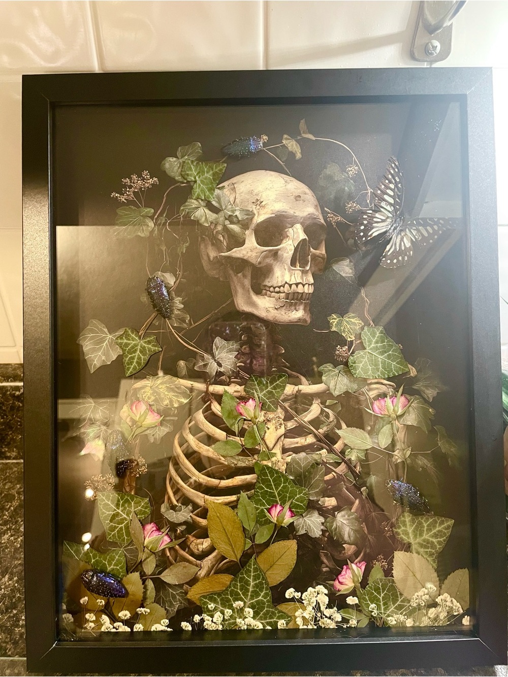 Skeleton shadowbox with beetles, ivy, and butterfly- Gothic Home Wall Decor